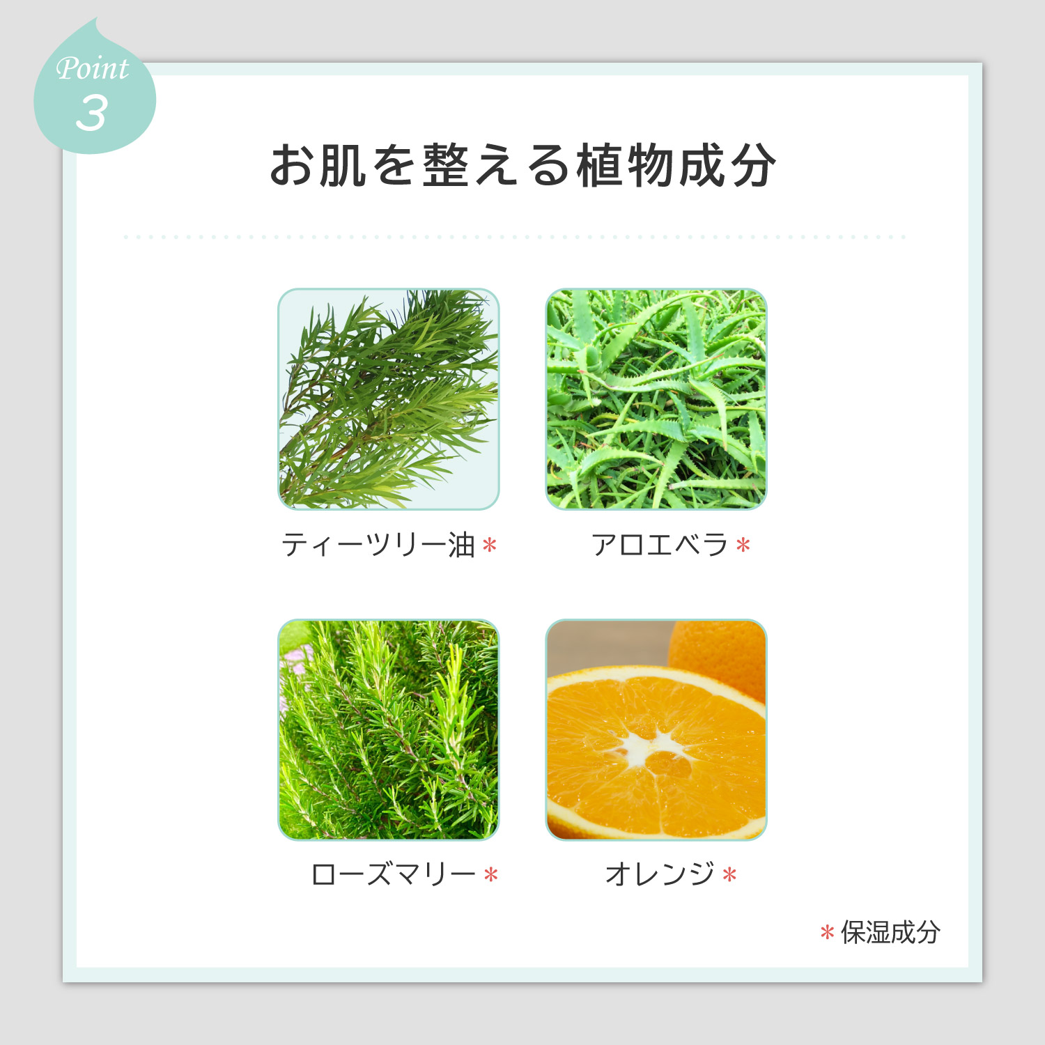 【Point-3】お肌を整える植物成分（ティーツリー油、アロエベラ、ローズマリー、オレンジ）